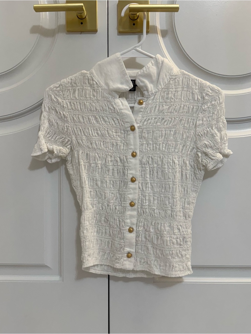 J. Crew White Textured Button-Front Blouse with Gold Buttons
